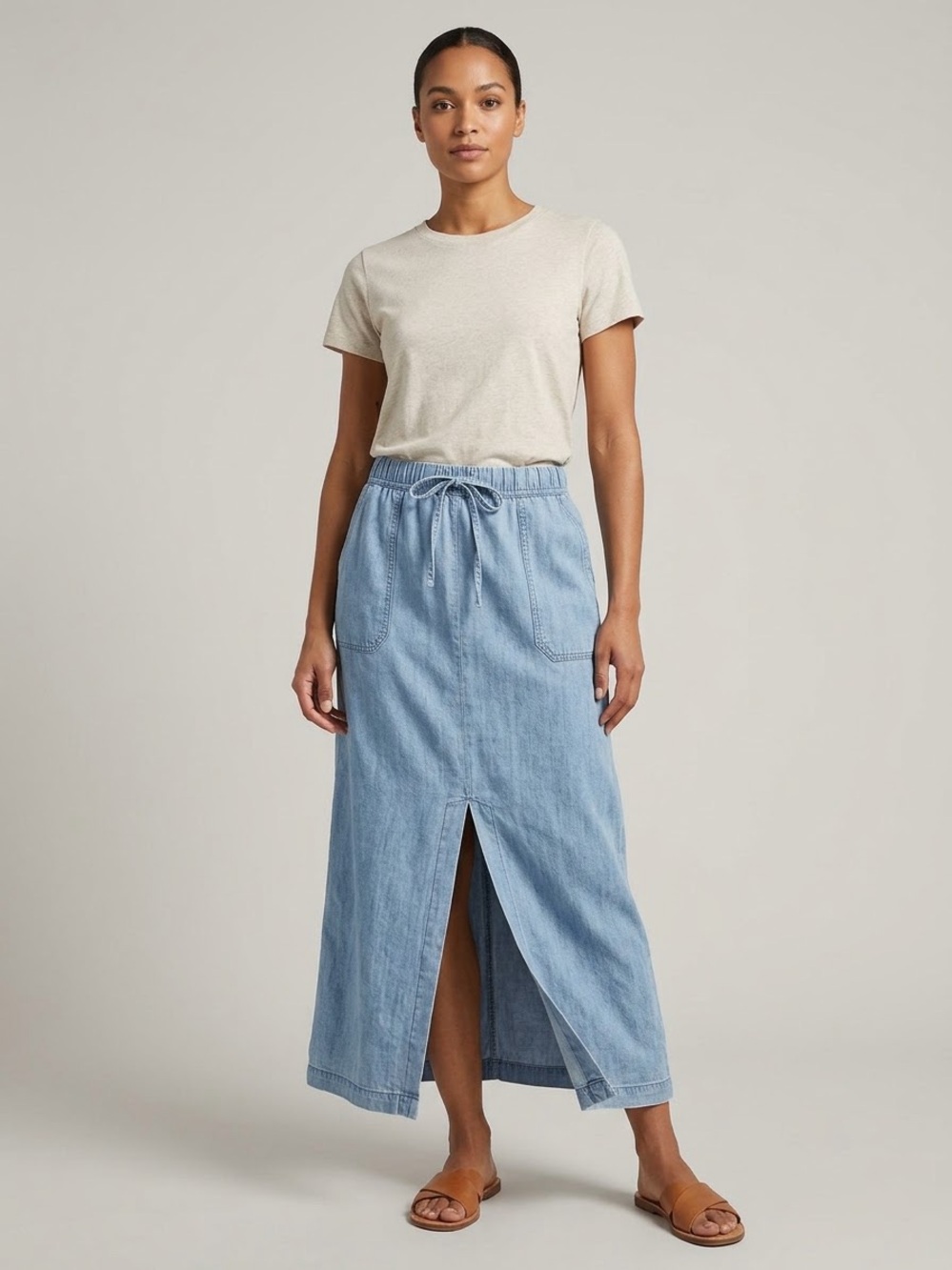 For The Republic Soft Denim Maxi Skirt Lyocell Chambray Drawstring Slit S EUC